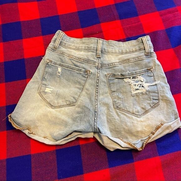 KanCan Light Wash Destroyed Denim Shorts Size 24 - Picture 10 of 11